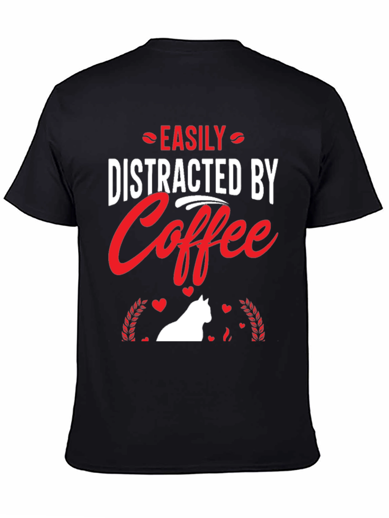 Camiseta Negra: Café y Gato Distraen Fácilmente