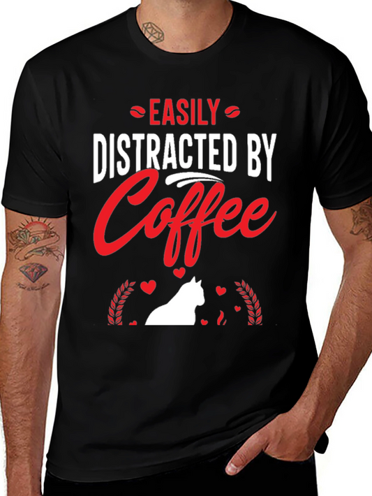 Camiseta Negra: Café y Gato Distraen Fácilmente