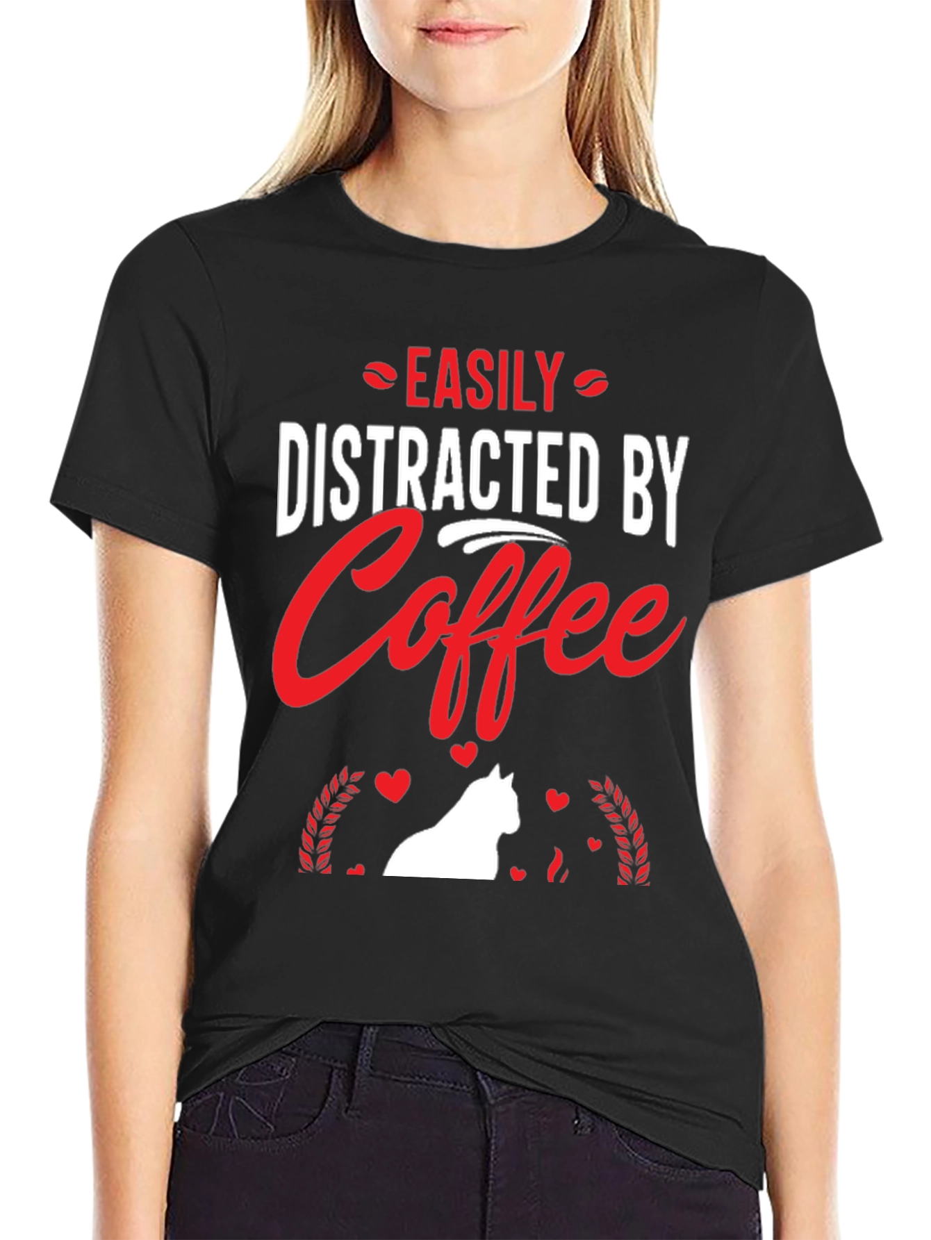 Camiseta Negra: Café y Gato Distraen Fácilmente