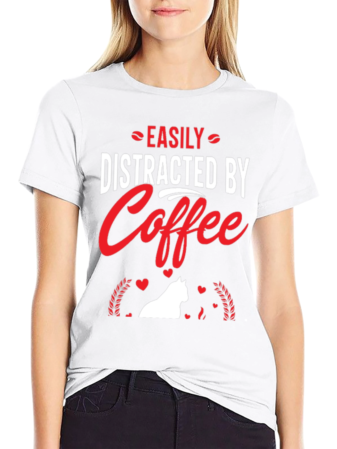 Camiseta Negra: Café y Gato Distraen Fácilmente