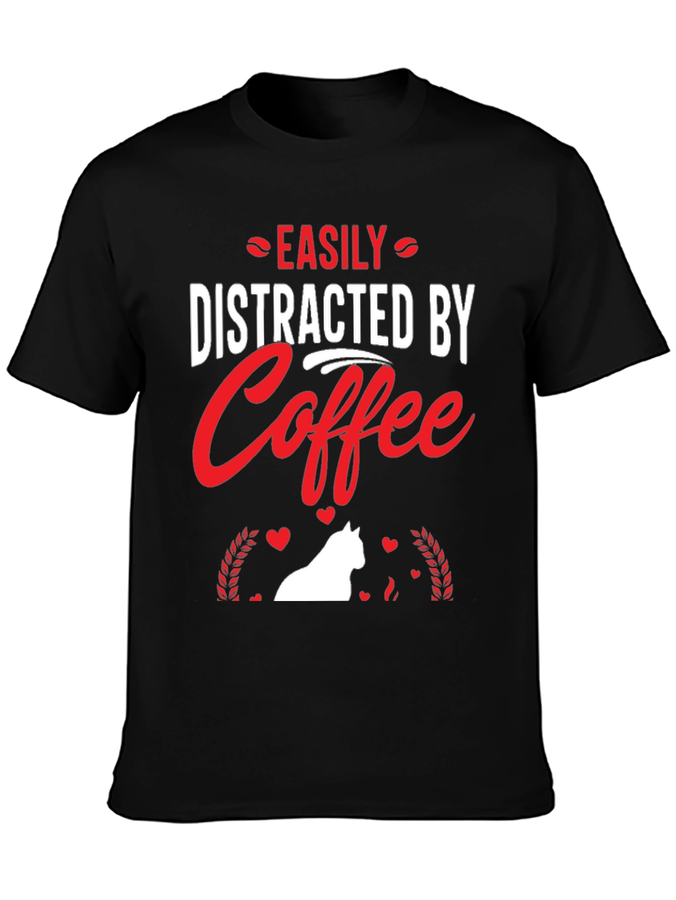 Camiseta Negra: Café y Gato Distraen Fácilmente
