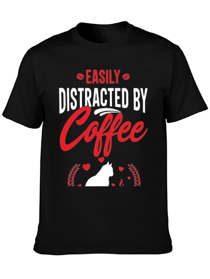 Camiseta Negra: Café y Gato Distraen Fácilmente