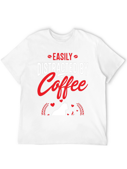 Camiseta Negra: Café y Gato Distraen Fácilmente