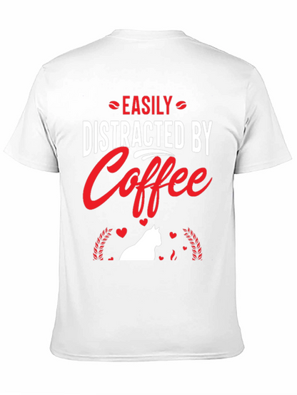Camiseta Negra: Café y Gato Distraen Fácilmente