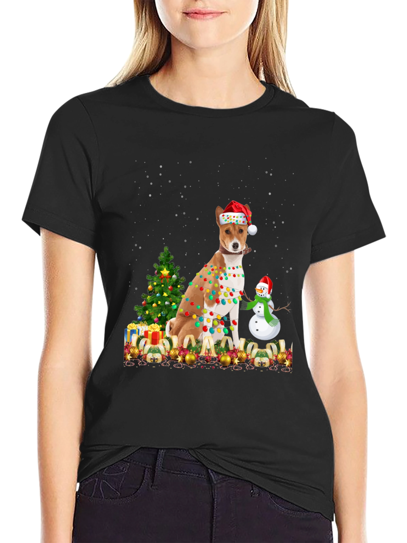 Camiseta Navideña con Diseño de Perro Basenji