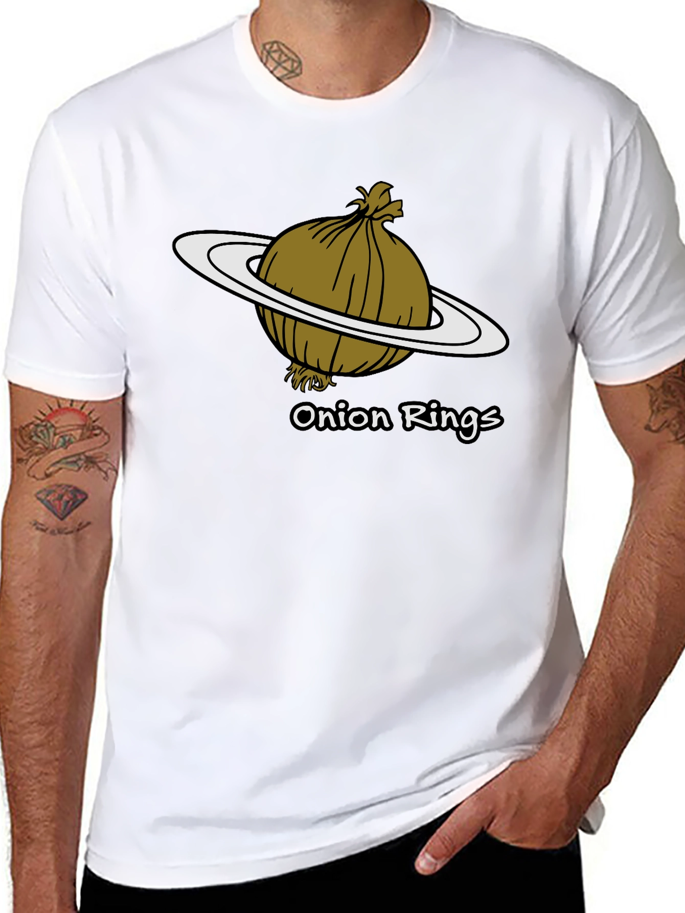 Camiseta Negra Anillos de Cebolla Humor Espacial