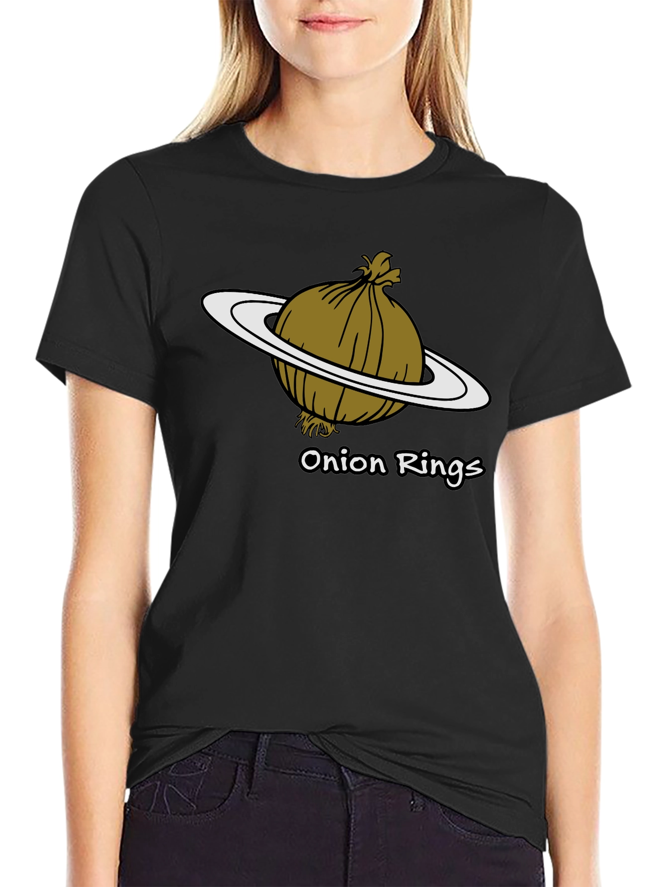 Camiseta Negra Anillos de Cebolla Humor Espacial