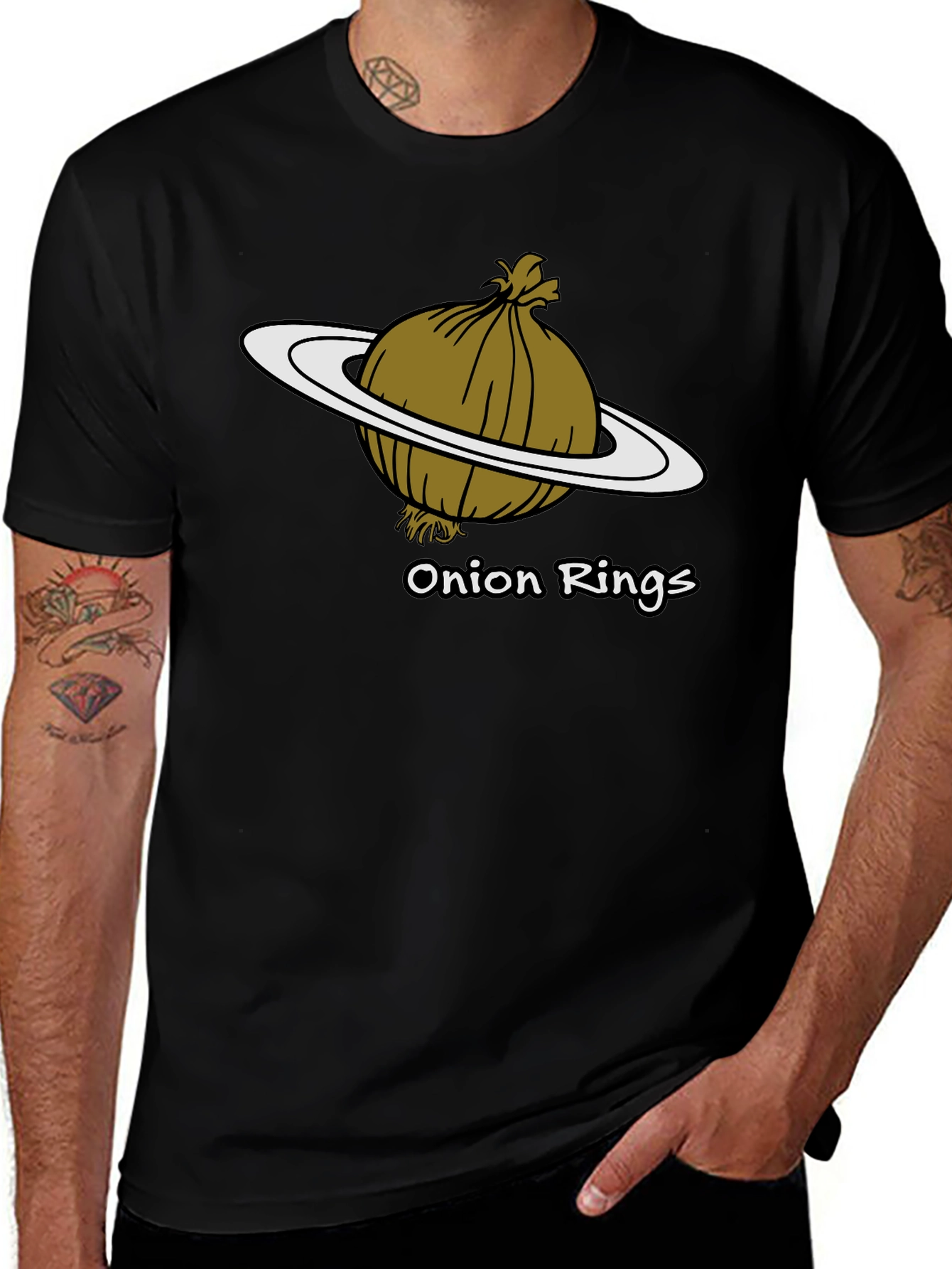 Camiseta Negra Anillos de Cebolla Humor Espacial
