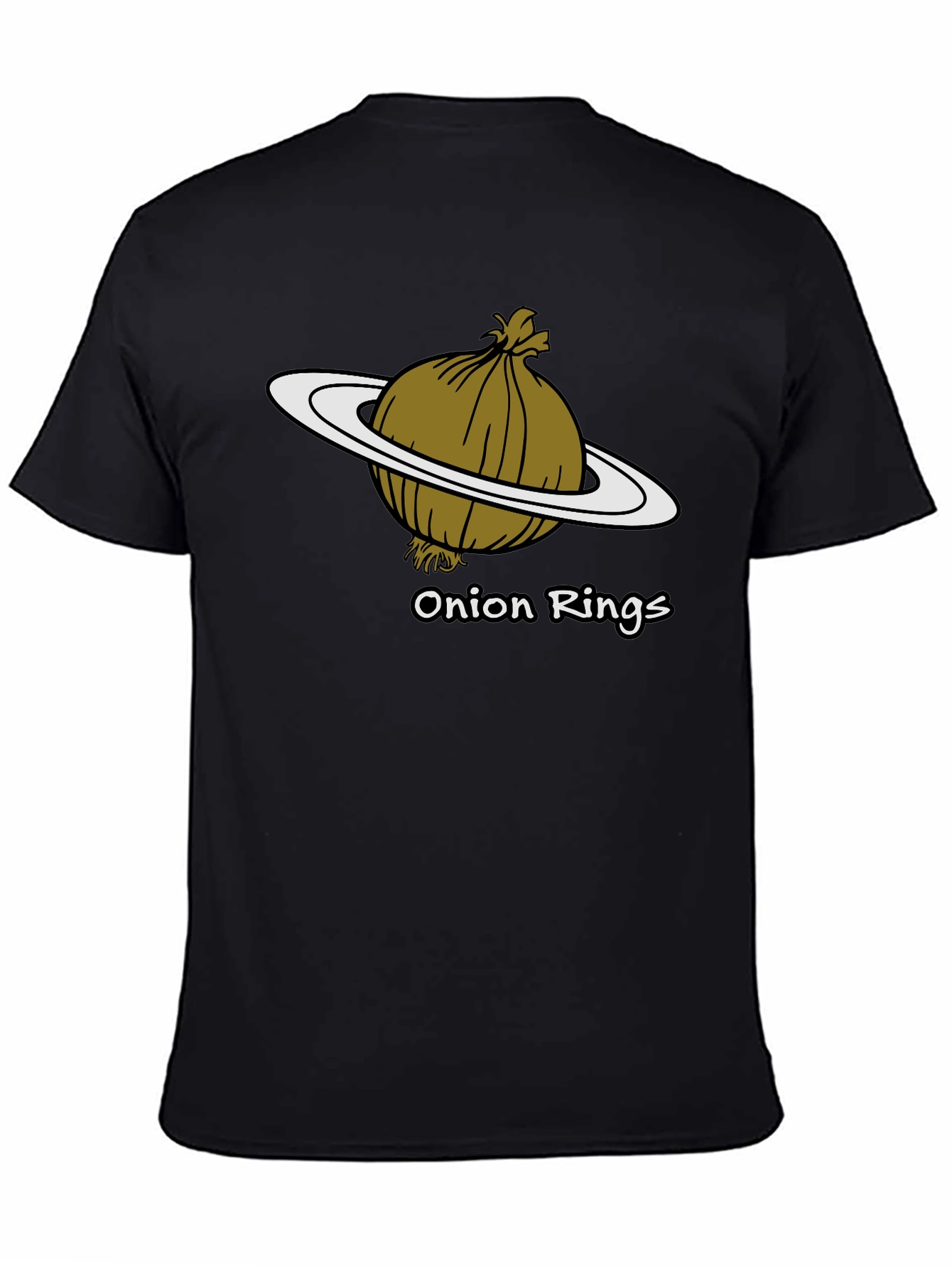 Camiseta Negra Anillos de Cebolla Humor Espacial