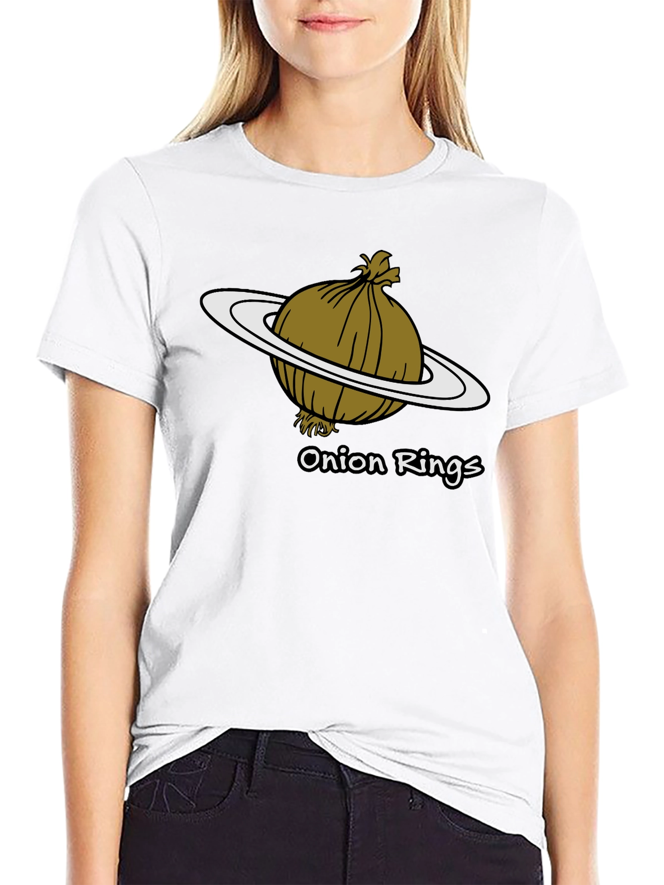 Camiseta Negra Anillos de Cebolla Humor Espacial