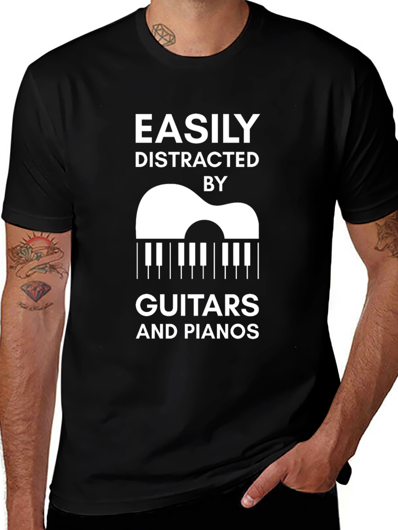 Camiseta Negra: Distraído Fácilmente por Guitarras y Pianos