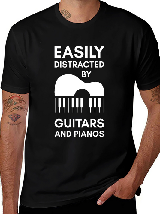 Camiseta Negra: Distraído Fácilmente por Guitarras y Pianos