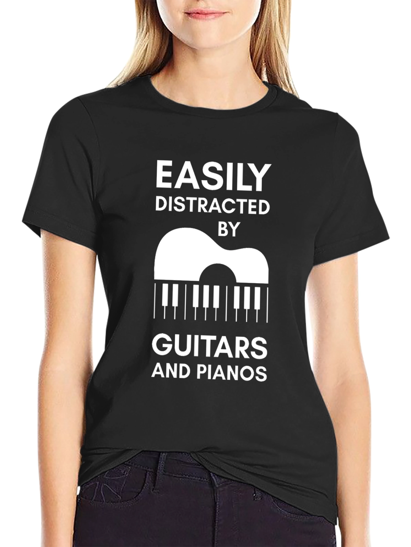 Camiseta Negra: Distraído Fácilmente por Guitarras y Pianos