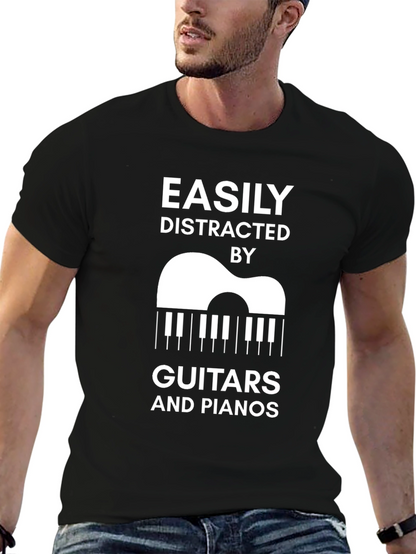 Camiseta Negra: Distraído Fácilmente por Guitarras y Pianos