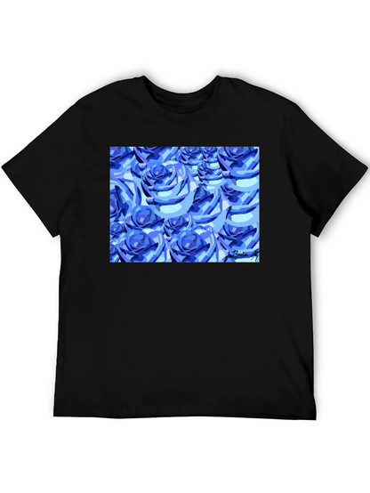 Camiseta Negra con Diseño de Rosas Azules Abstractas