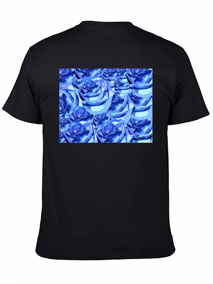 Camiseta Negra con Diseño de Rosas Azules Abstractas
