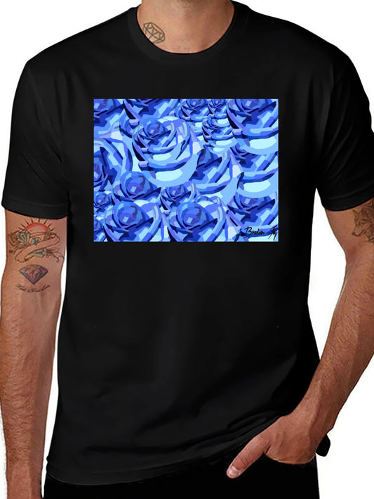 Camiseta Negra con Diseño de Rosas Azules Abstractas