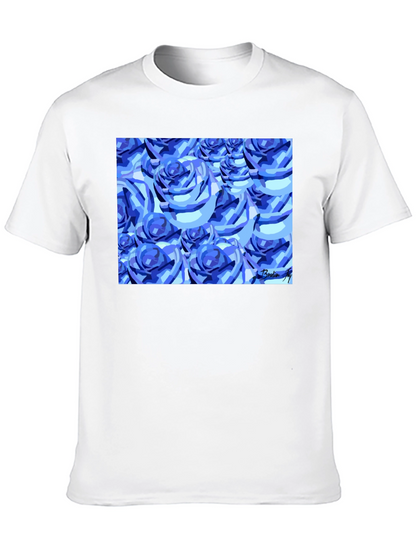 Camiseta Negra con Diseño de Rosas Azules Abstractas