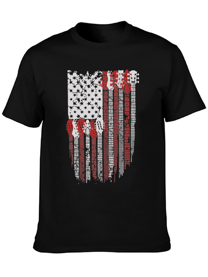 Camiseta Negra con Diseño de Bandera Americana y Guitarras