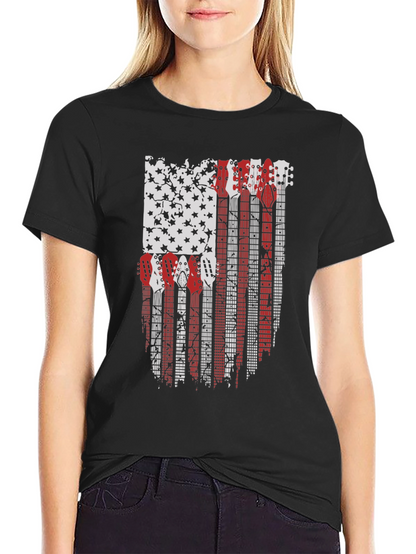 Camiseta Negra con Diseño de Bandera Americana y Guitarras