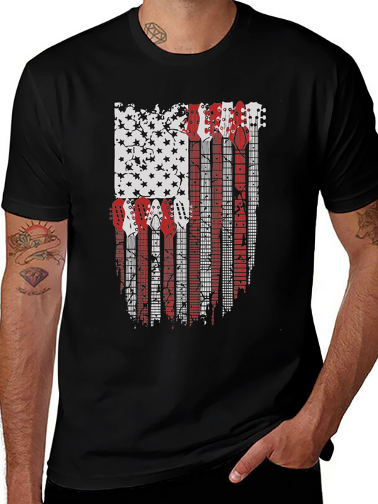 Camiseta Negra con Diseño de Bandera Americana y Guitarras