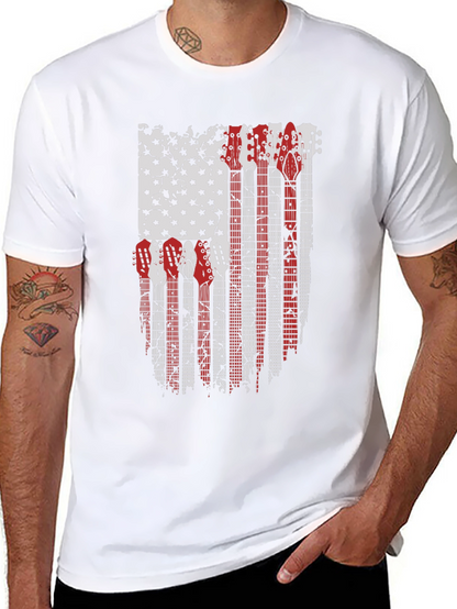 Camiseta Negra con Diseño de Bandera Americana y Guitarras