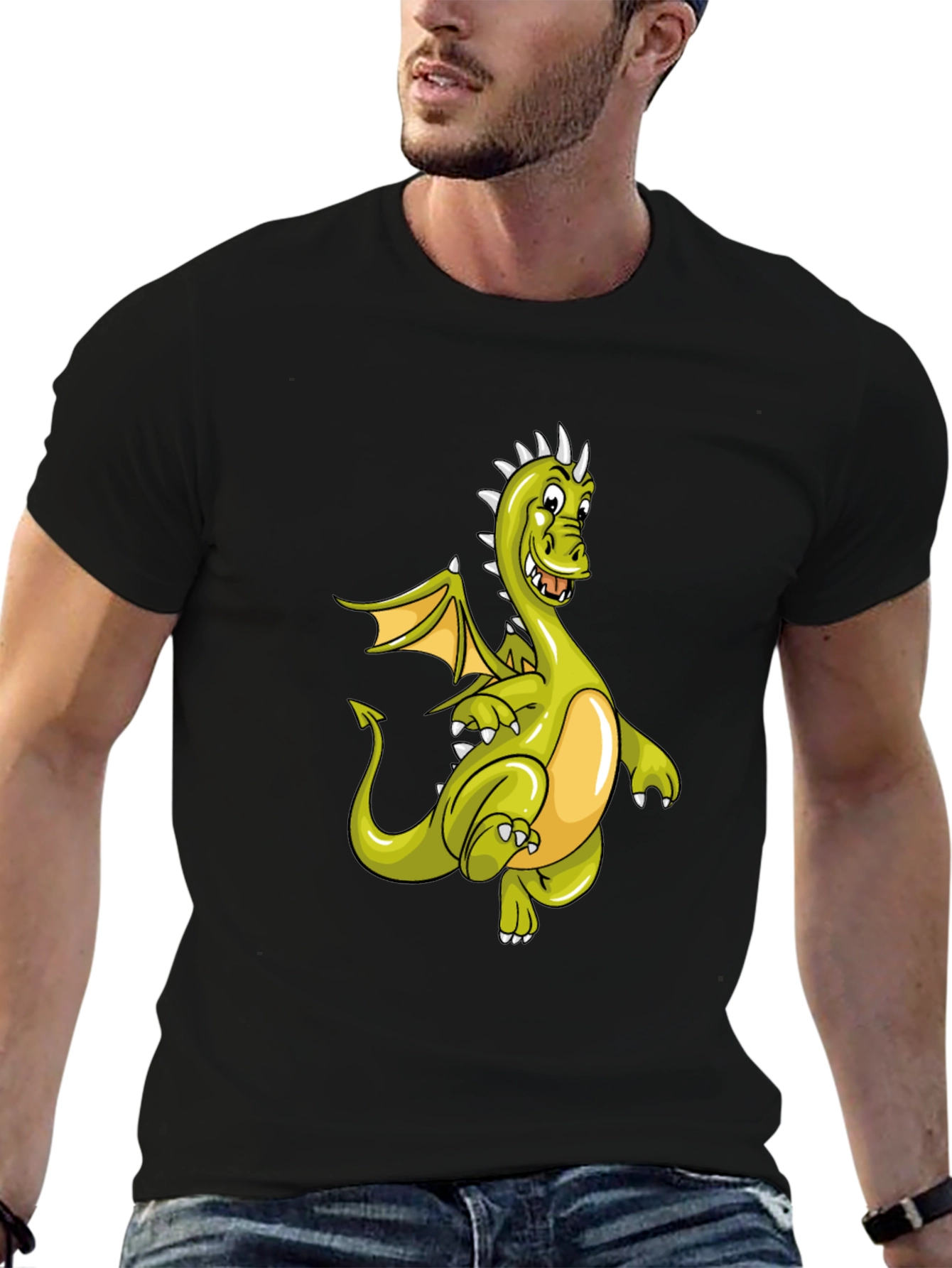 Camiseta Negra con Diseño de Dragón Verde Animado