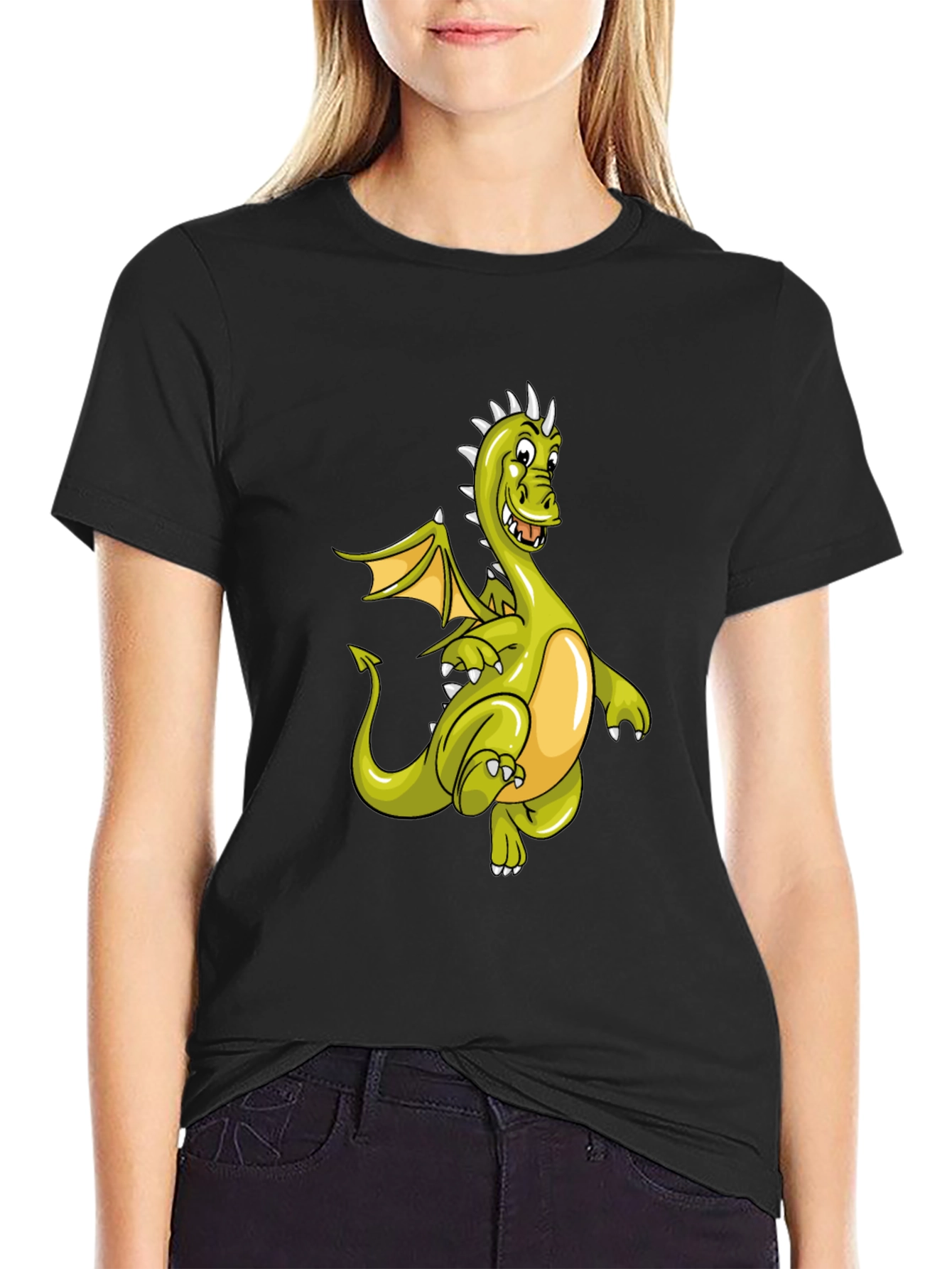 Camiseta Negra con Diseño de Dragón Verde Animado