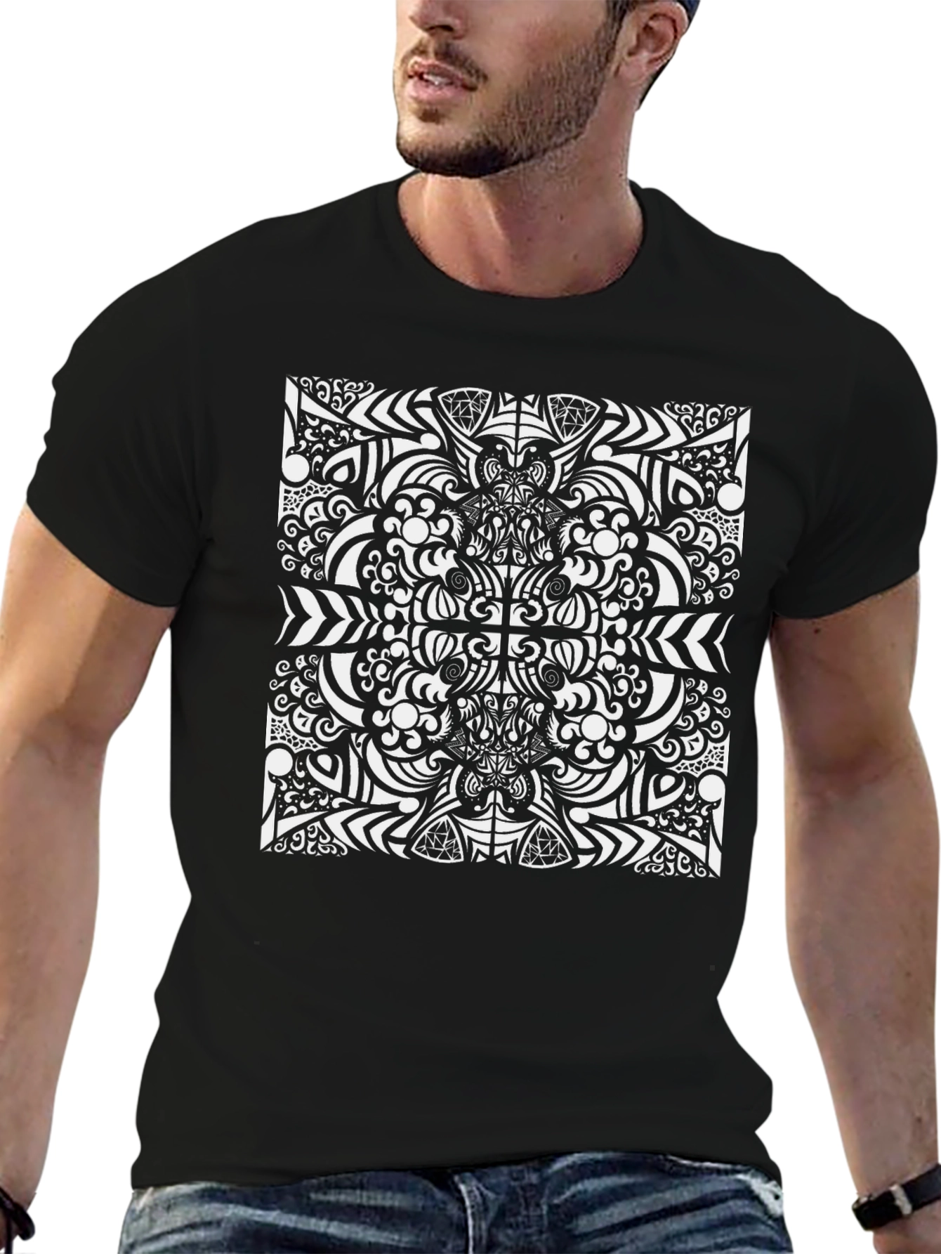 Camiseta Negra con Diseño Abstracto Blanco