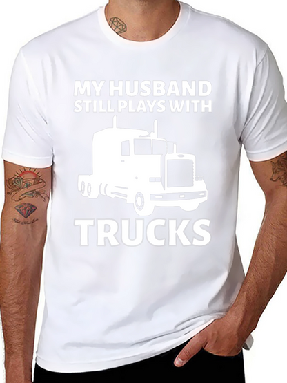 Camiseta Negra: Mi Marido Juega con Camiones