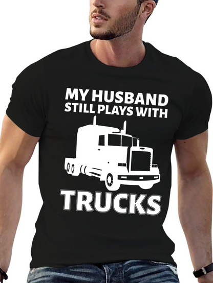 Camiseta Negra: Mi Marido Juega con Camiones
