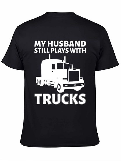 Camiseta Negra: Mi Marido Juega con Camiones