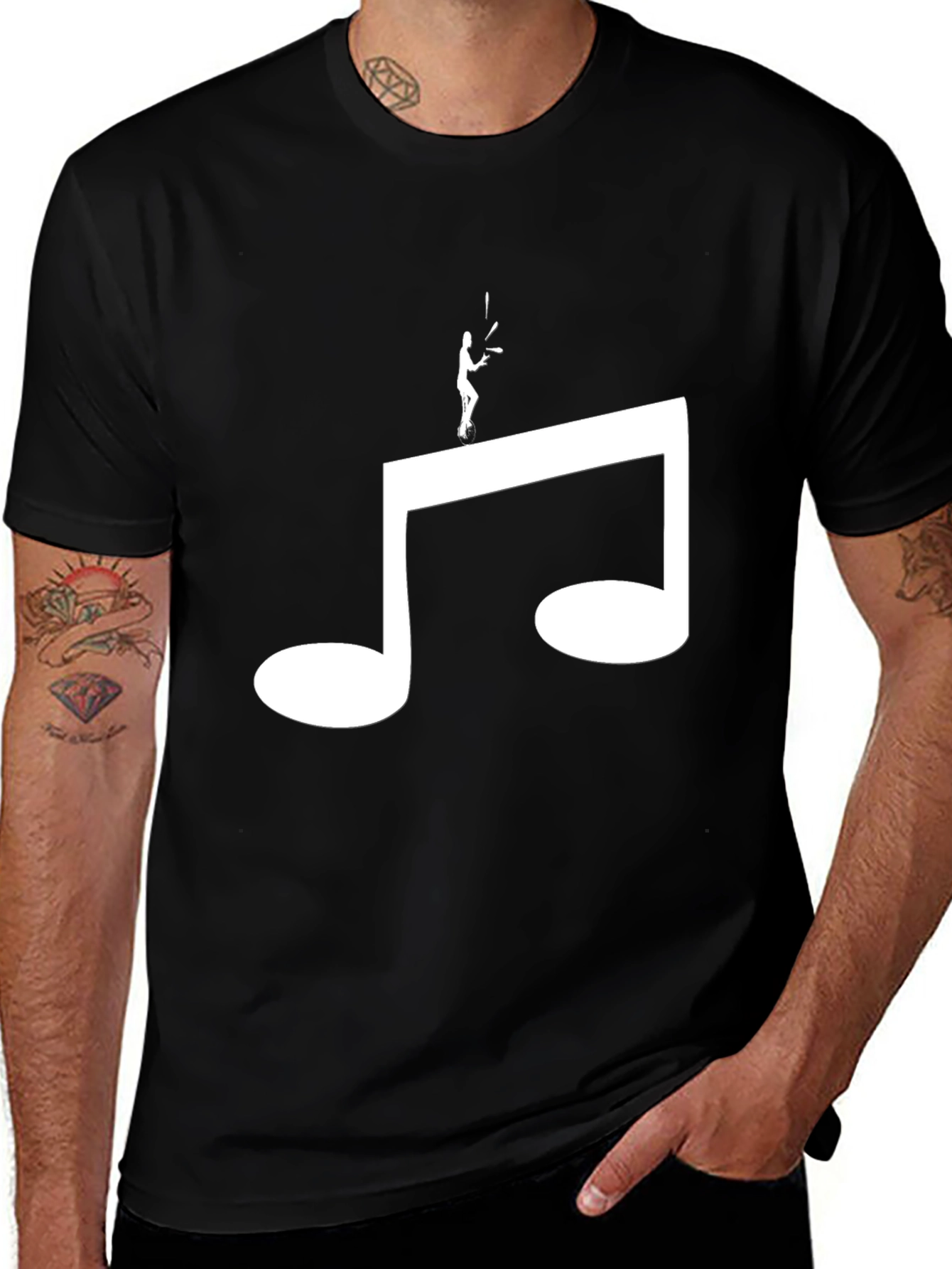 Camiseta Negra Hombre Diseño Nota Musical y Malabarista