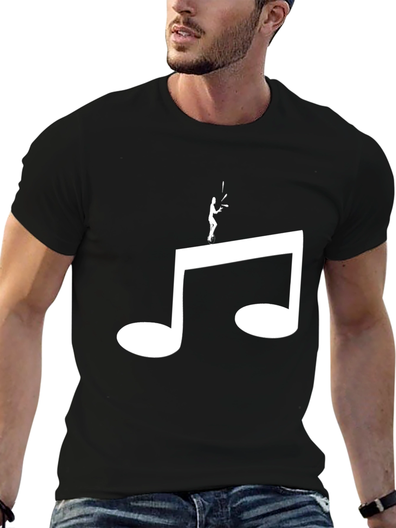 Camiseta Negra Hombre Diseño Nota Musical y Malabarista