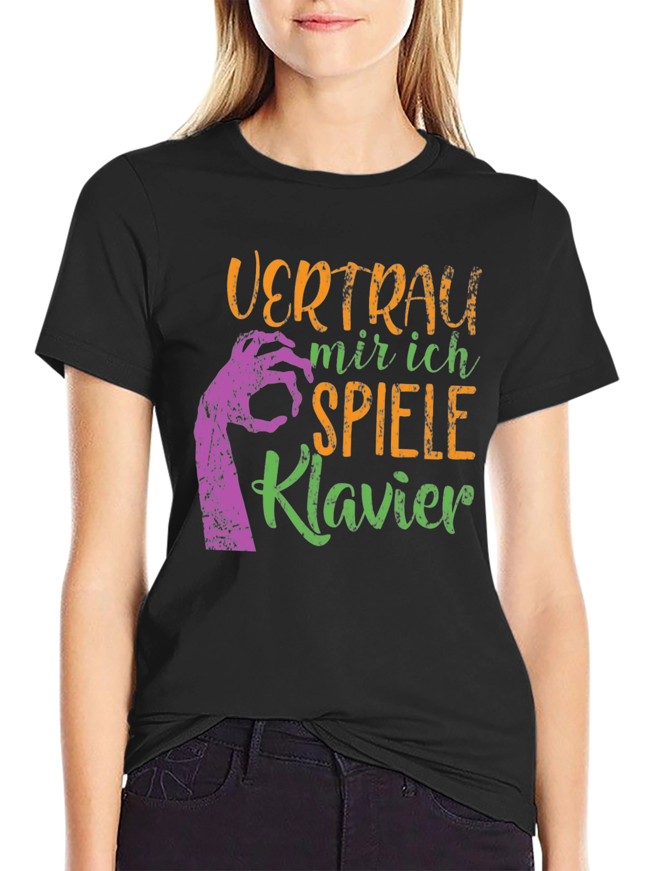 Camiseta Negra: Confía en Mí Toco el Piano