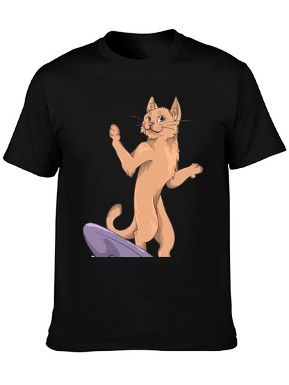 Camiseta Negra con Diseño de Gato Surfista