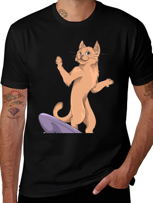 Camiseta Negra con Diseño de Gato Surfista