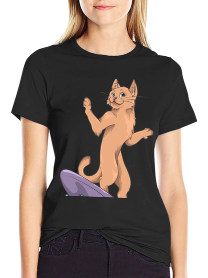 Camiseta Negra con Diseño de Gato Surfista