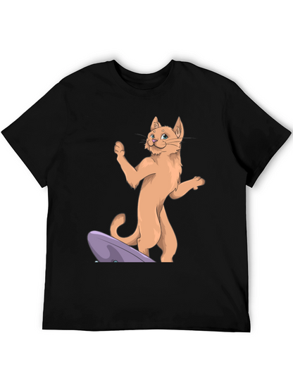 Camiseta Negra con Diseño de Gato Surfista