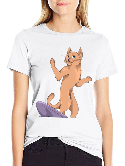 Camiseta Negra con Diseño de Gato Surfista