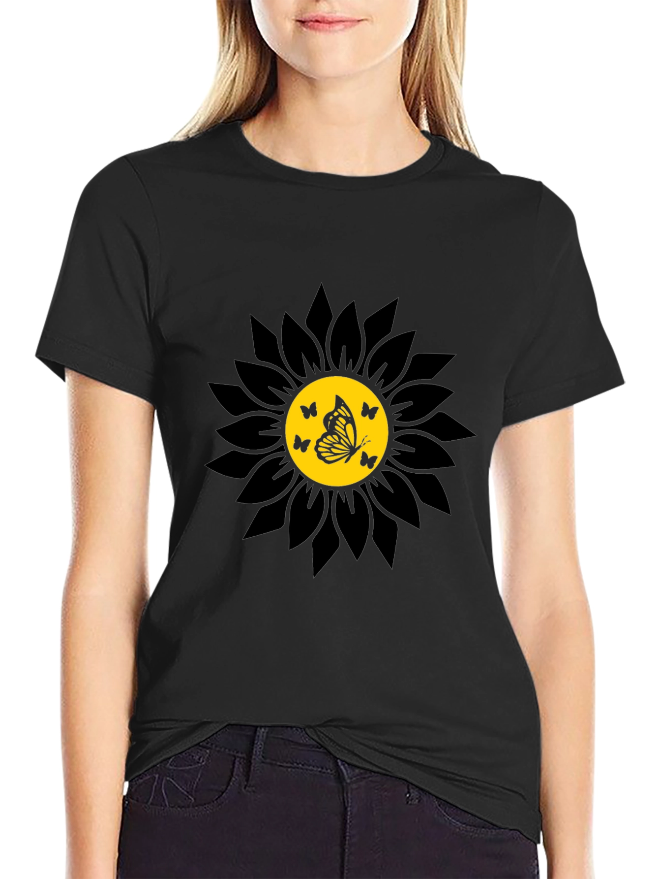 Camiseta Negra Girasol con Mariposas