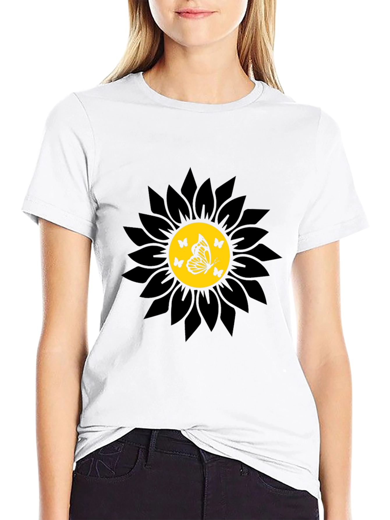 Camiseta Negra Girasol con Mariposas