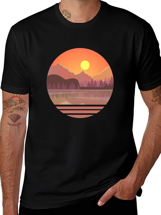 Camiseta Gráfica de Montaña al Atardecer