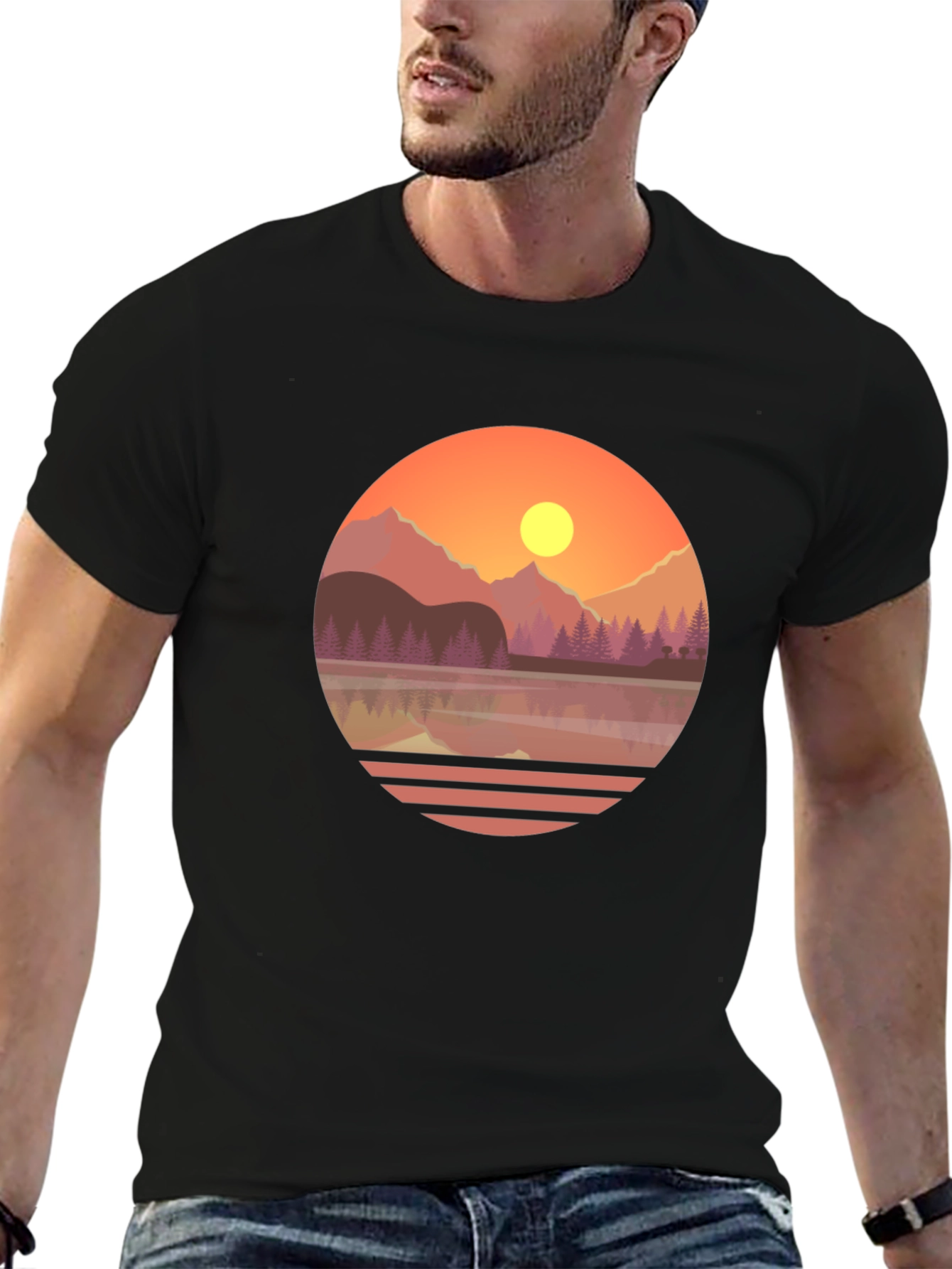 Camiseta Gráfica de Montaña al Atardecer