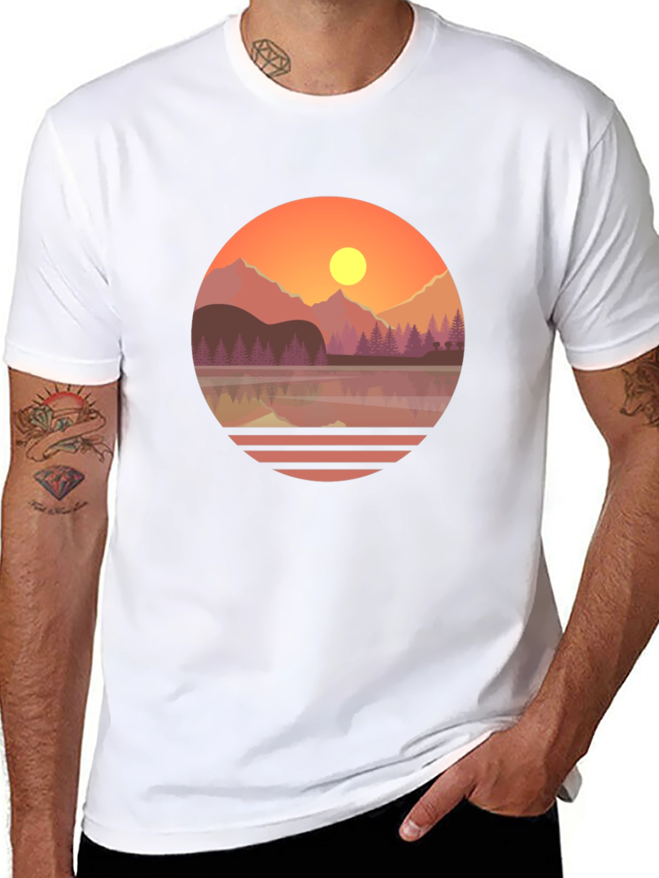 Camiseta Gráfica de Montaña al Atardecer