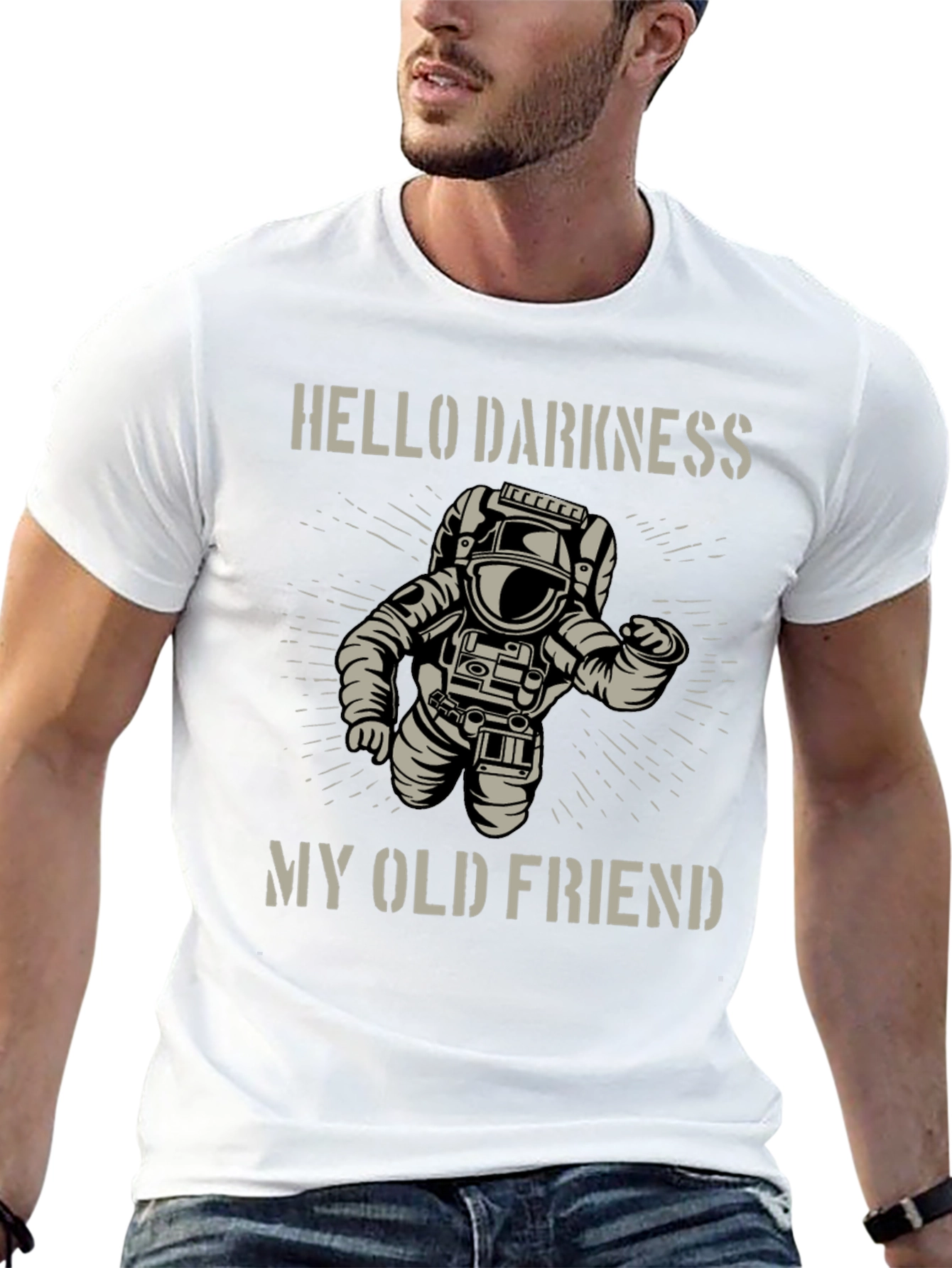 Camiseta Negra Astronauta: Hello Darkness My Old Friend