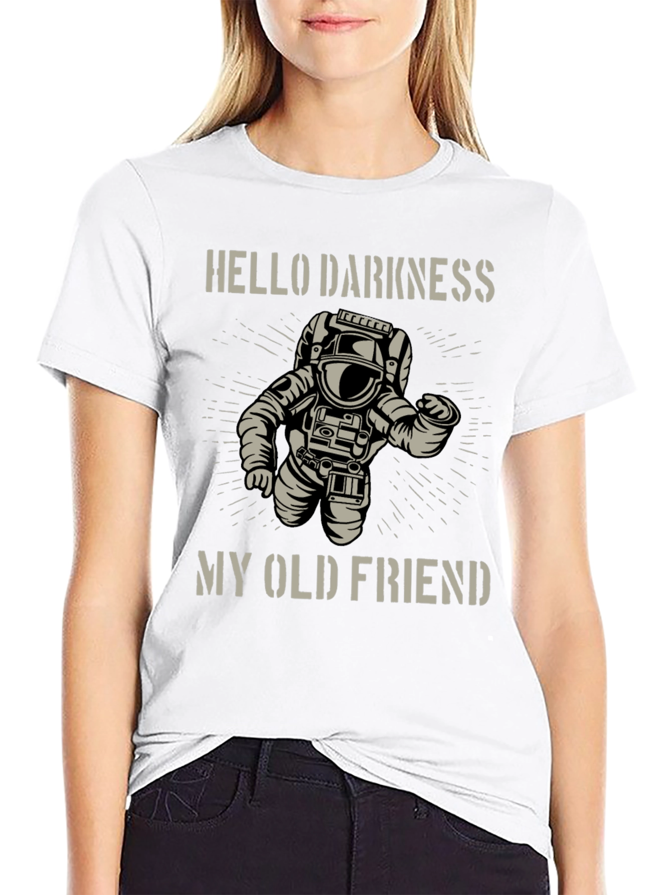 Camiseta Negra Astronauta: Hello Darkness My Old Friend
