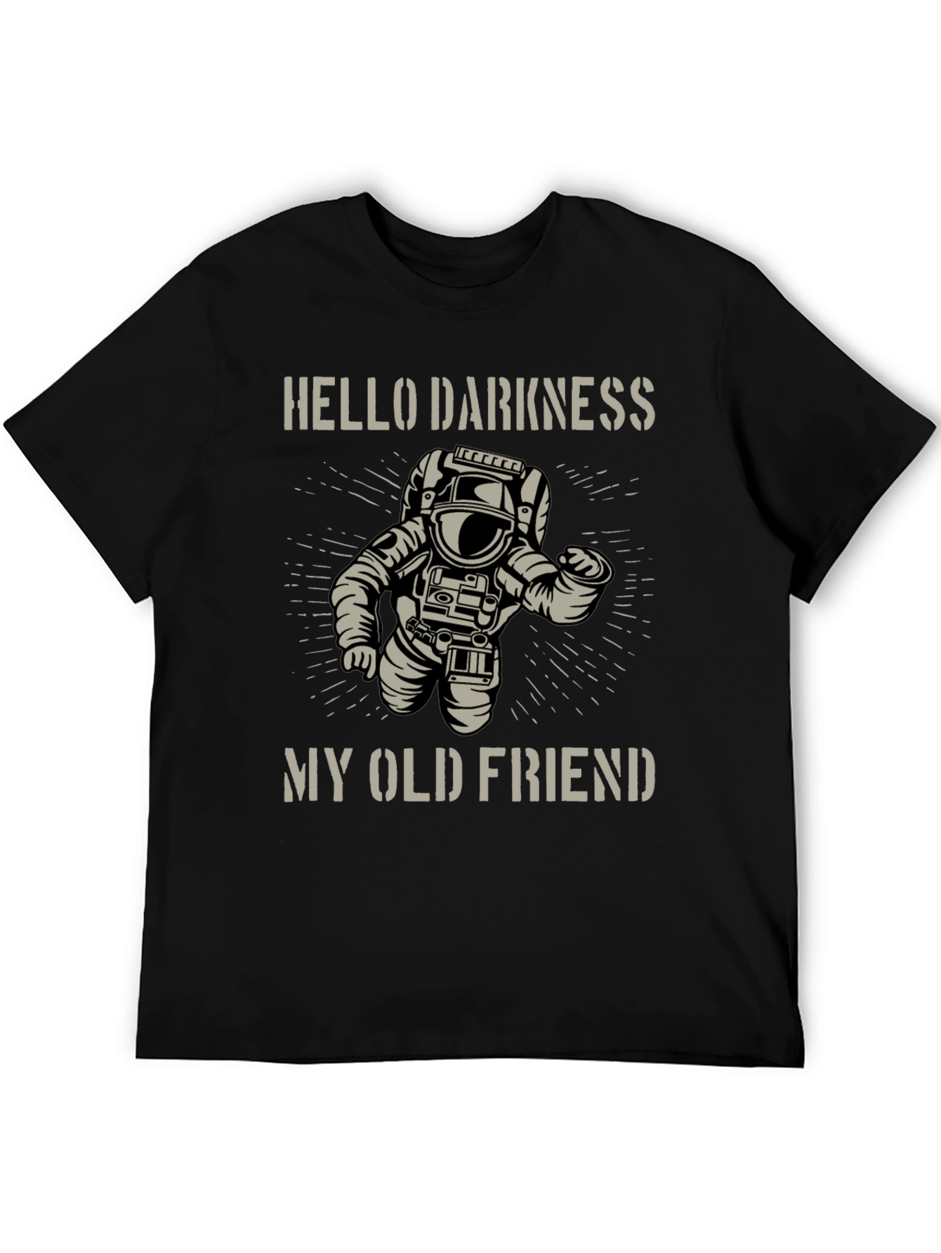 Camiseta Negra Astronauta: Hello Darkness My Old Friend