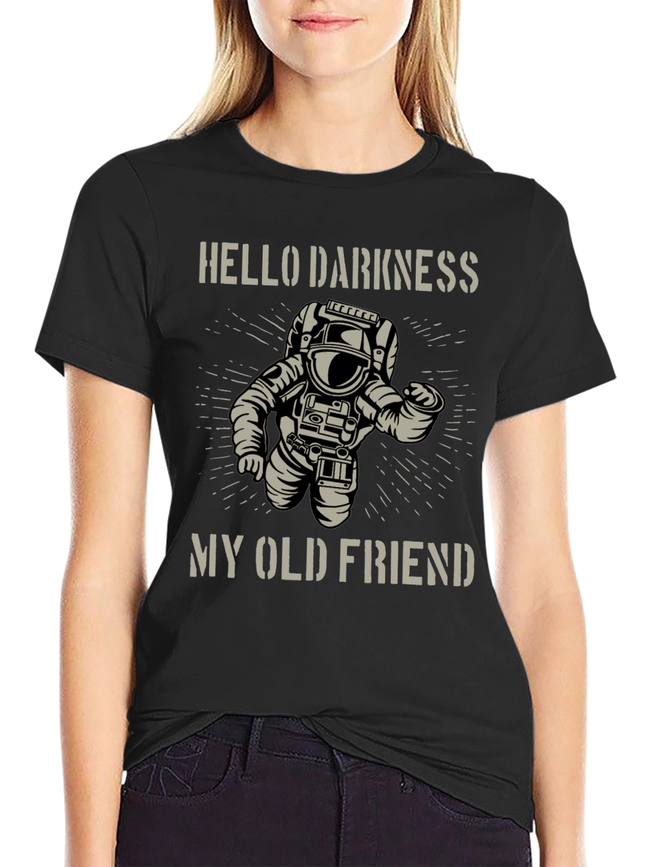 Camiseta Negra Astronauta: Hello Darkness My Old Friend
