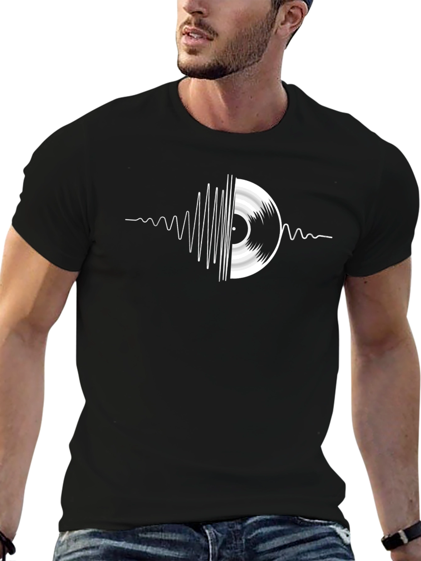 Camiseta Negra Vinilo Música Diseño Ondas